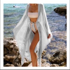 Sexy Silver White Shimmers Kimono Coverup